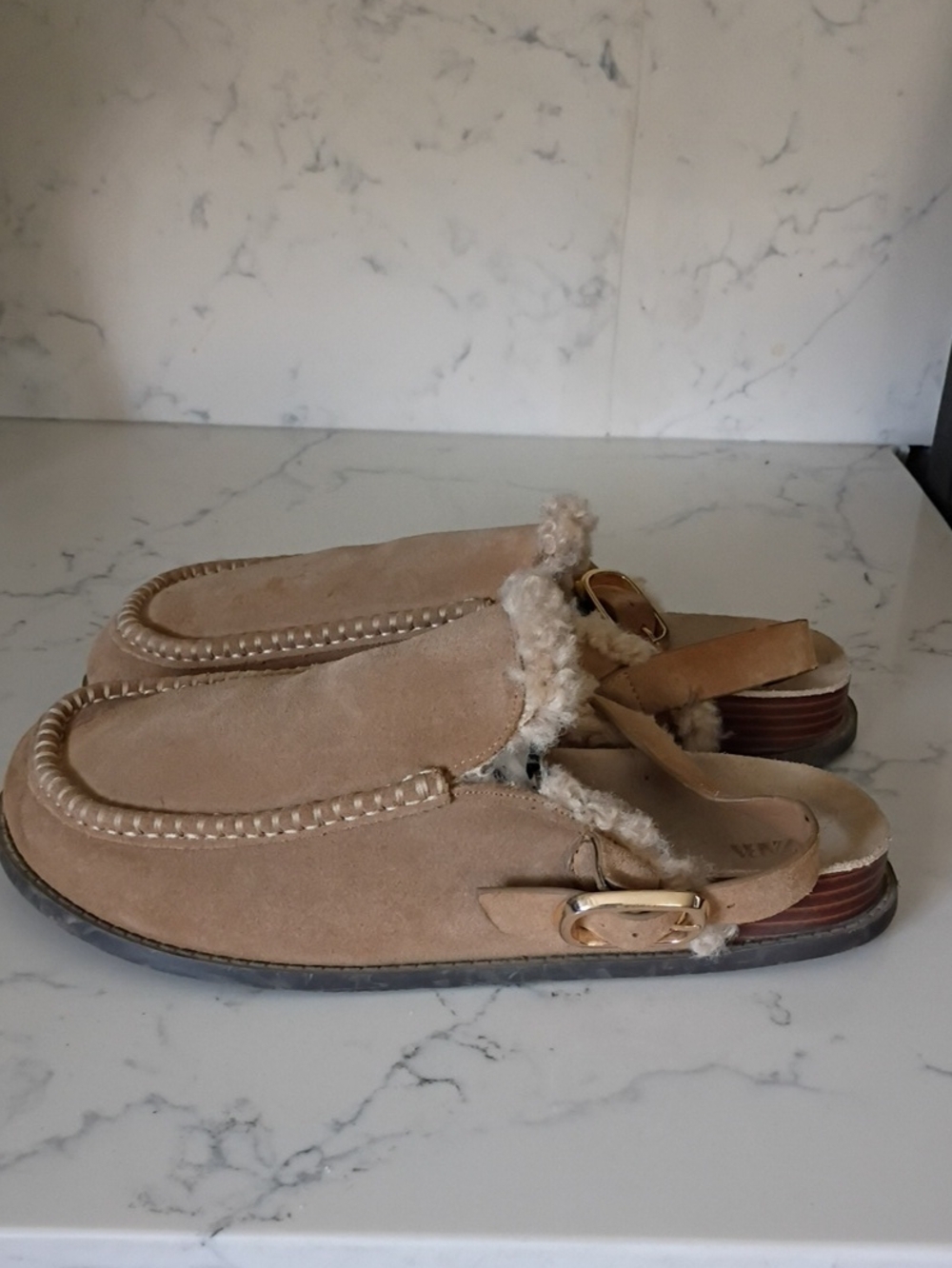 Zara Suede Shearling-Trim Slip-On Loafers in Light Brown